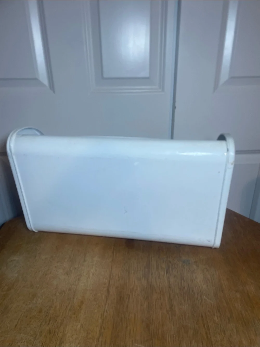 White Metal Roll Top Bread Box Blue Lettering Farmhouse Kitchen Storage